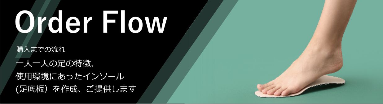 Order Flow 購入までの流れ　一人ひとりの足の特徴、使用環境にあったインソール（足底板）を作成、ご提供します