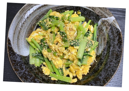 青菜野菜(ほうれん草やチンゲン菜など)の卵炒め 納豆+油(オリーブ油・ごま油・ラー油)